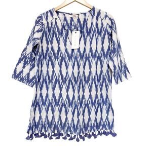 Marea Blue Ikat Printed Tassel Cover Up Sz XS